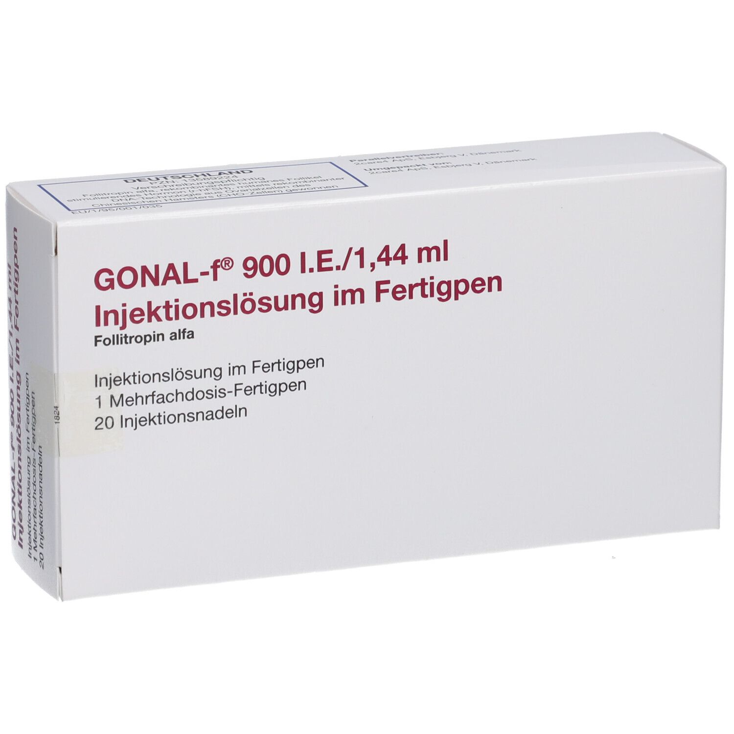 Weiße Schachtel mit Aufschrift GONAL-f 900 I.E./1,44 ml. Injektionslösung im Fertigpen. Enthält 1 Mehrfachdosis-Fertigpen und 20 Injektionsnadeln.