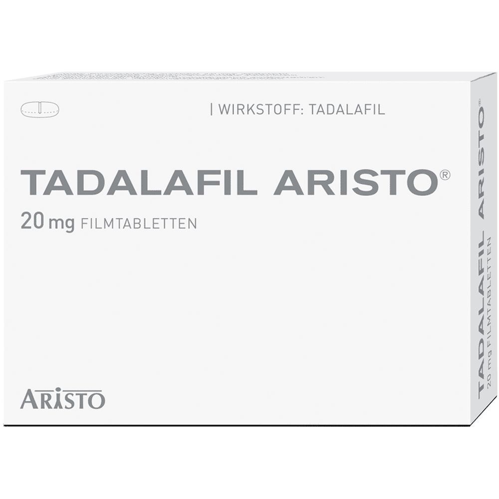 Weiße Schachtel mit Aufschrift TADALAFIL ARISTO® 20 mg. Marke ARISTO unten links.