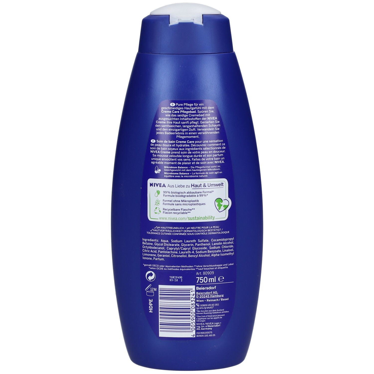 Rückseite der blauen NIVEA Creme Care Pflegebad Flasche. Text und Inhaltsstoffe.