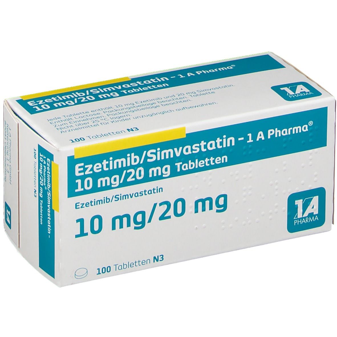 Schachtel mit Tabletten. Aufschrift: Ezetimib/Simvastatin 10 mg/20 mg. 1A Pharma Logo. 100 Tabletten.