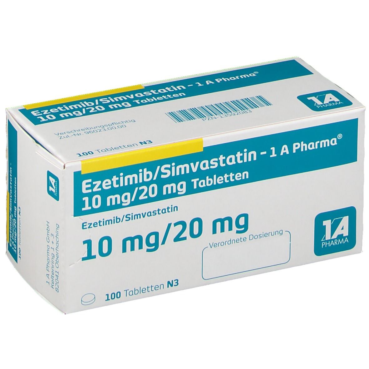 Schachtel mit Tabletten. Aufschrift: Ezetimib/Simvastatin 10 mg/20 mg. 1A Pharma Logo. 100 Tabletten.