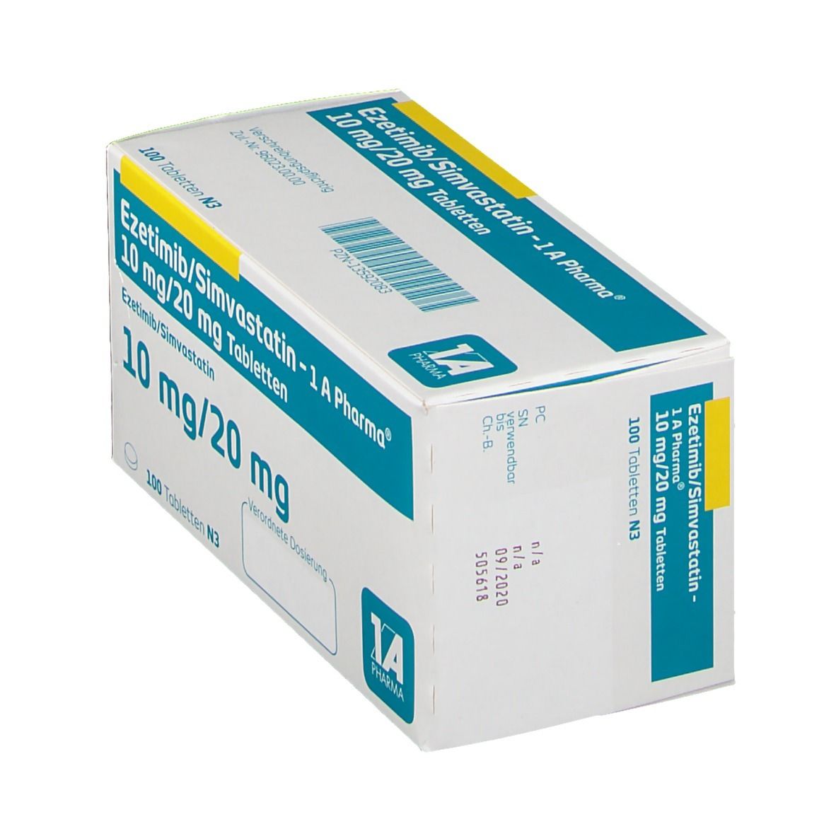 Schachtel mit Tabletten, schräg. Aufschrift: Ezetimib/Simvastatin 10 mg/20 mg. 1A Pharma Logo. 100 Tabletten.
