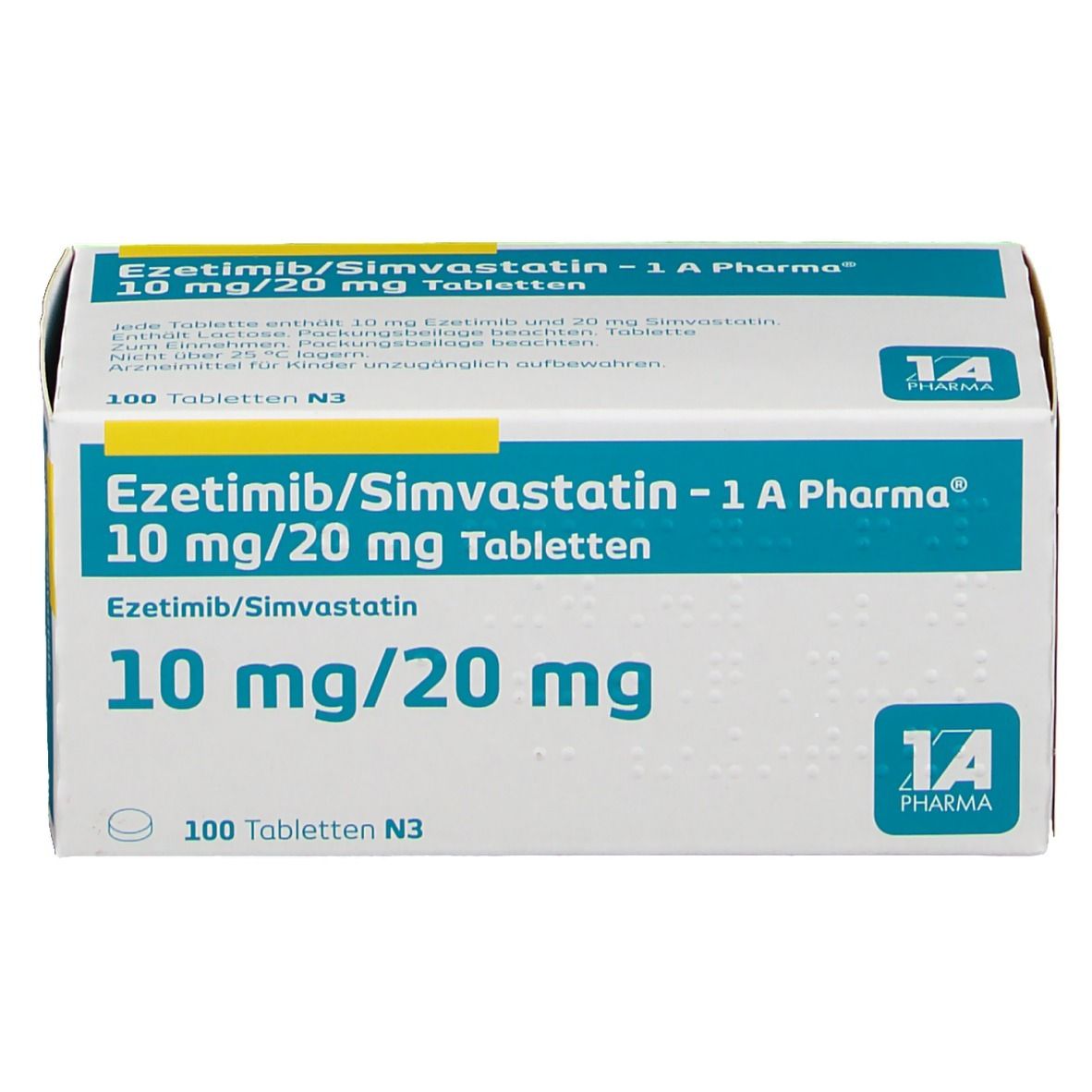Schachtel mit Tabletten. Aufschrift: Ezetimib/Simvastatin 10 mg/20 mg. 1A Pharma Logo. 100 Tabletten.