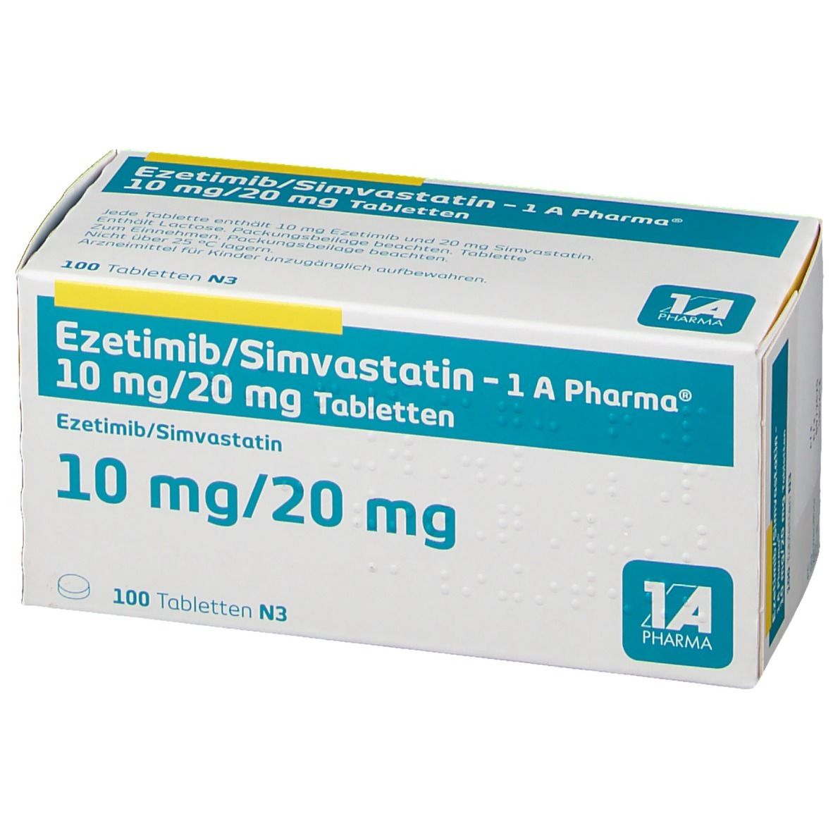 Schachtel mit Tabletten. Aufschrift: Ezetimib/Simvastatin 10 mg/20 mg. 1A Pharma Logo. 100 Tabletten.