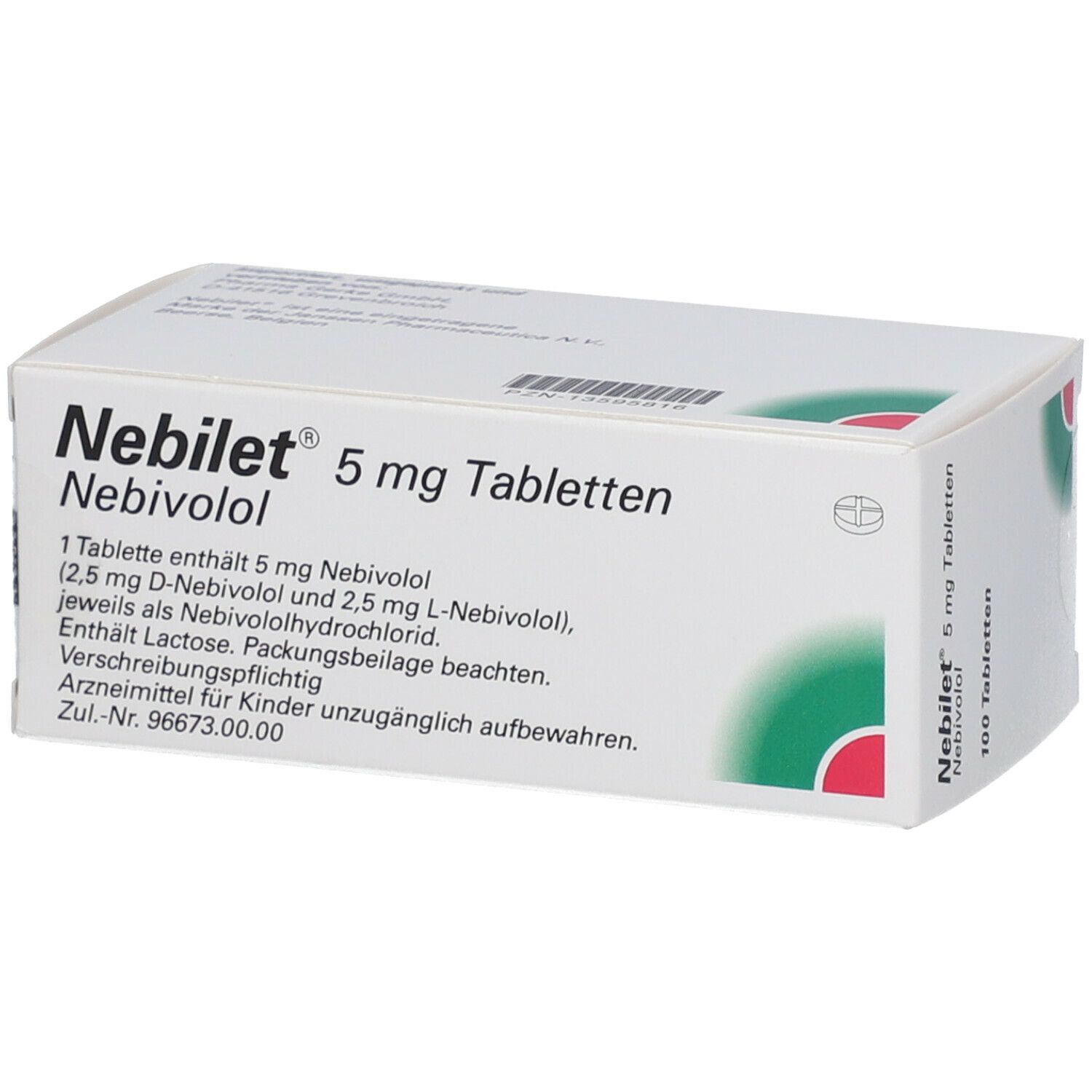 Weiße Nebilet-Verpackung mit grünen und roten Akzenten. Beschriftung: Nebilet 5 mg Tabletten, 100 Tabletten. Inhaltsangaben.