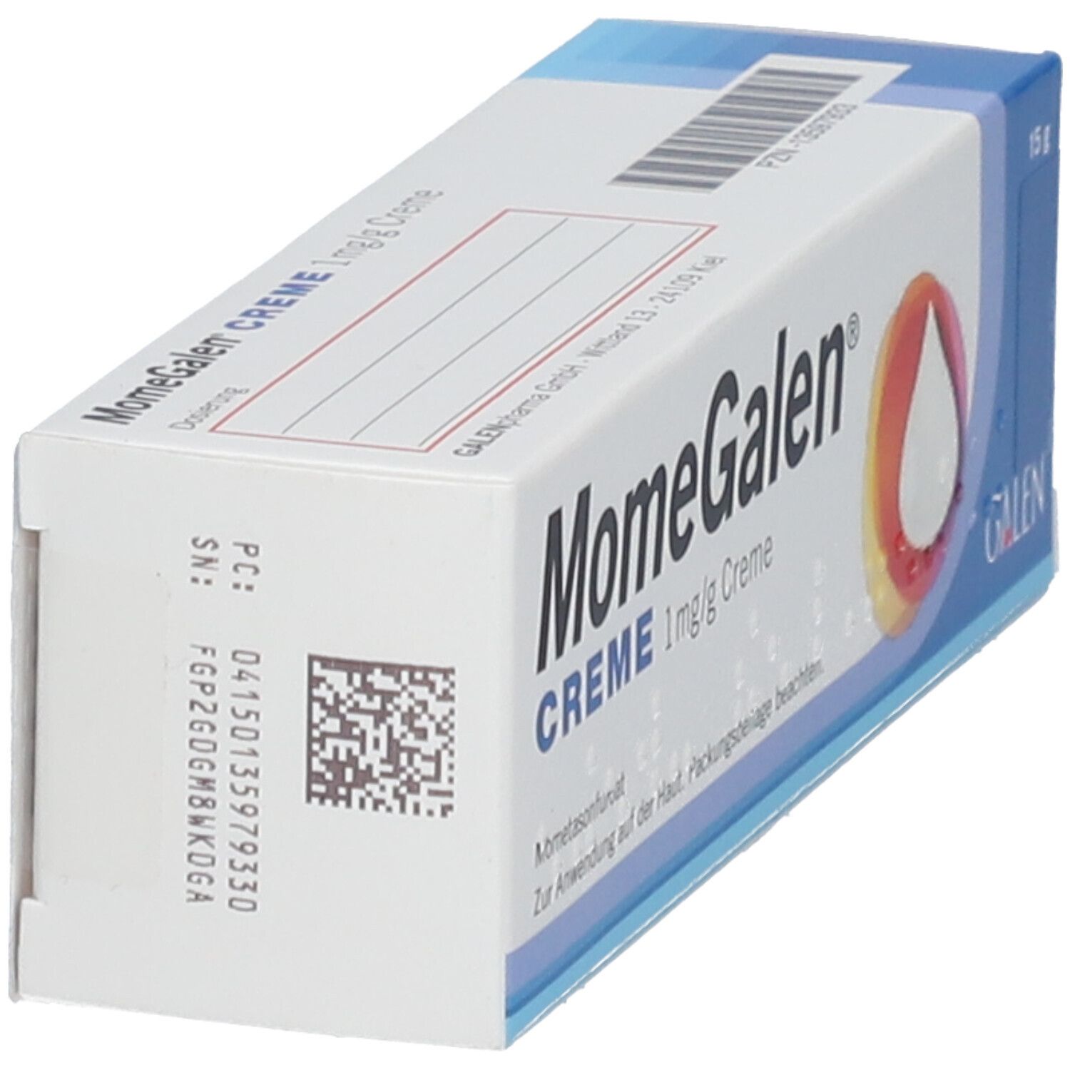 MomeGalen Creme 15g Schachtel, Seitenansicht mit Barcode und Chargennummer.