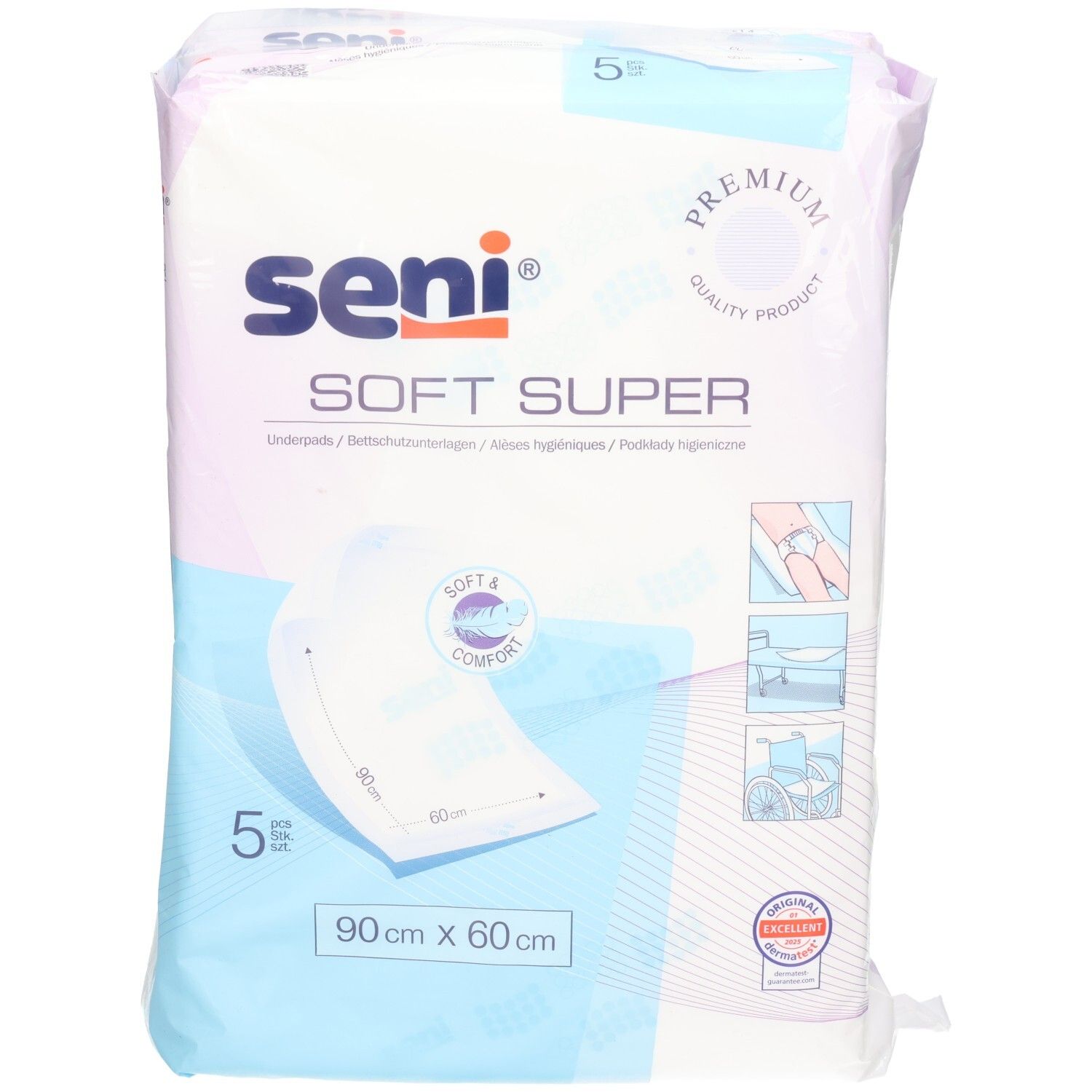 Seni Soft Super Krankenunterlagen, 90x60 cm, 5 Stück, Vorderansicht.