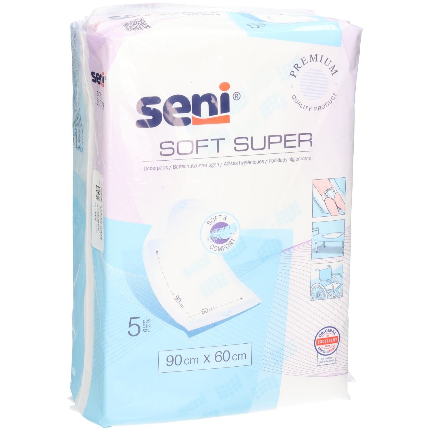 Seni Soft Super Krankenunterlagen, 90x60 cm, 5 Stück, Vorderansicht mit Produktabbildung.