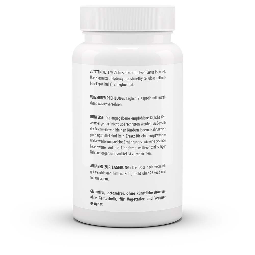 Rückseite der Flasche. Angaben zu Inhaltsstoffen, Verzehrempfehlung, Hinweise und Lagerung. Glutenfrei, laktosefrei.