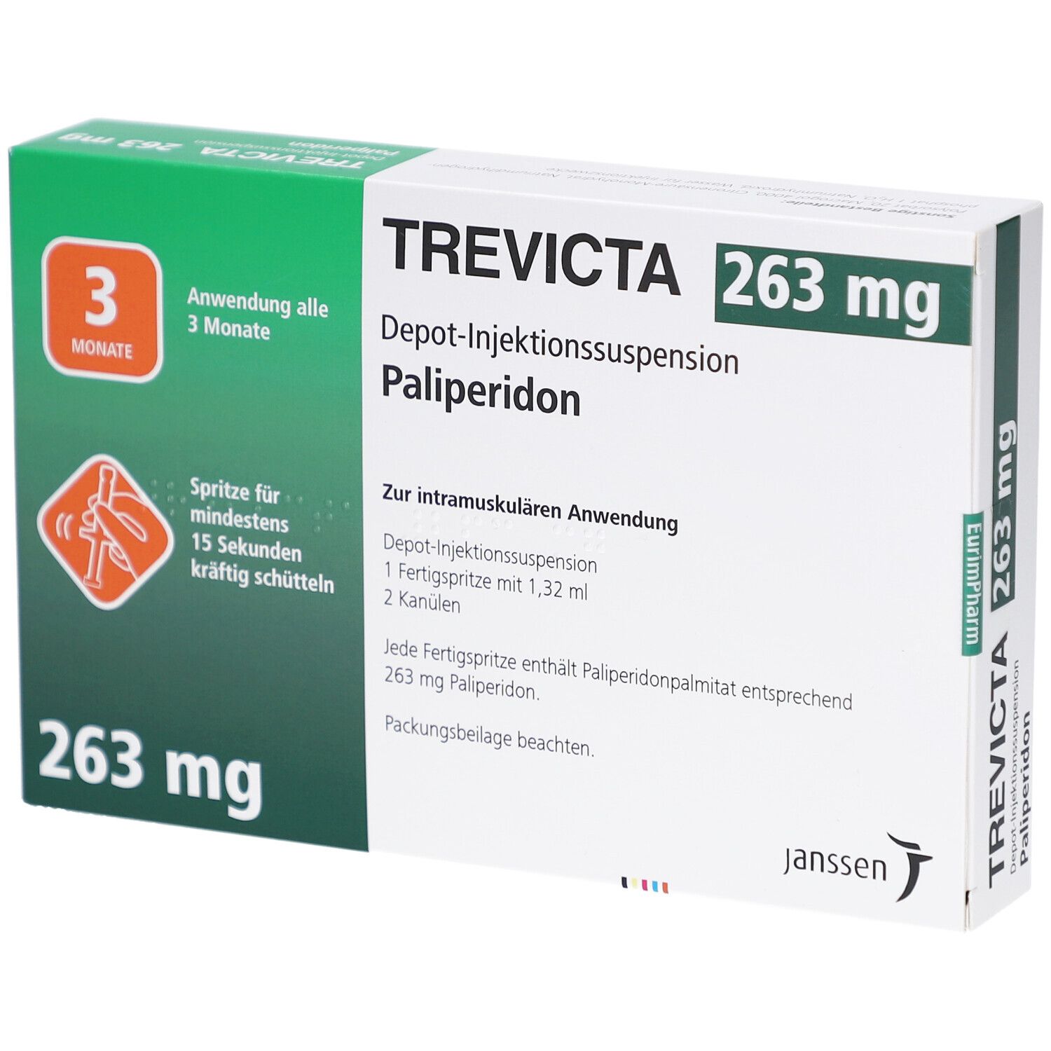 Verpackung von TREVICTA 263 mg. Aufschrift: Depot-Injektionssuspension, Palipderidon. Grüne und weiße Schachtel mit Produktinformationen.