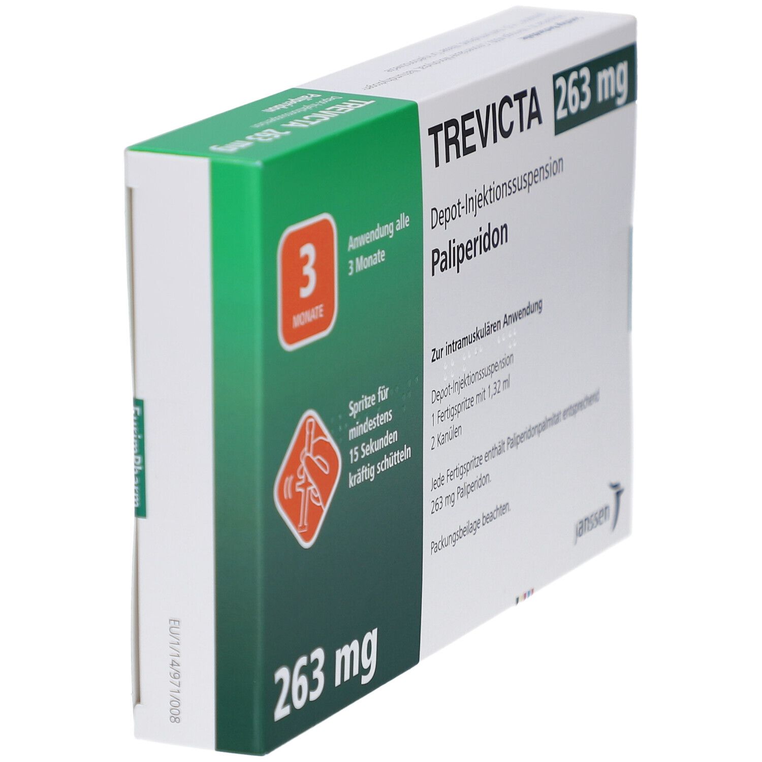 Schachtel von TREVICTA 263 mg. Grüne und weiße Verpackung. Aufschrift: Depot-Injektionssuspension, Palipderidon. Perspektivische Ansicht.