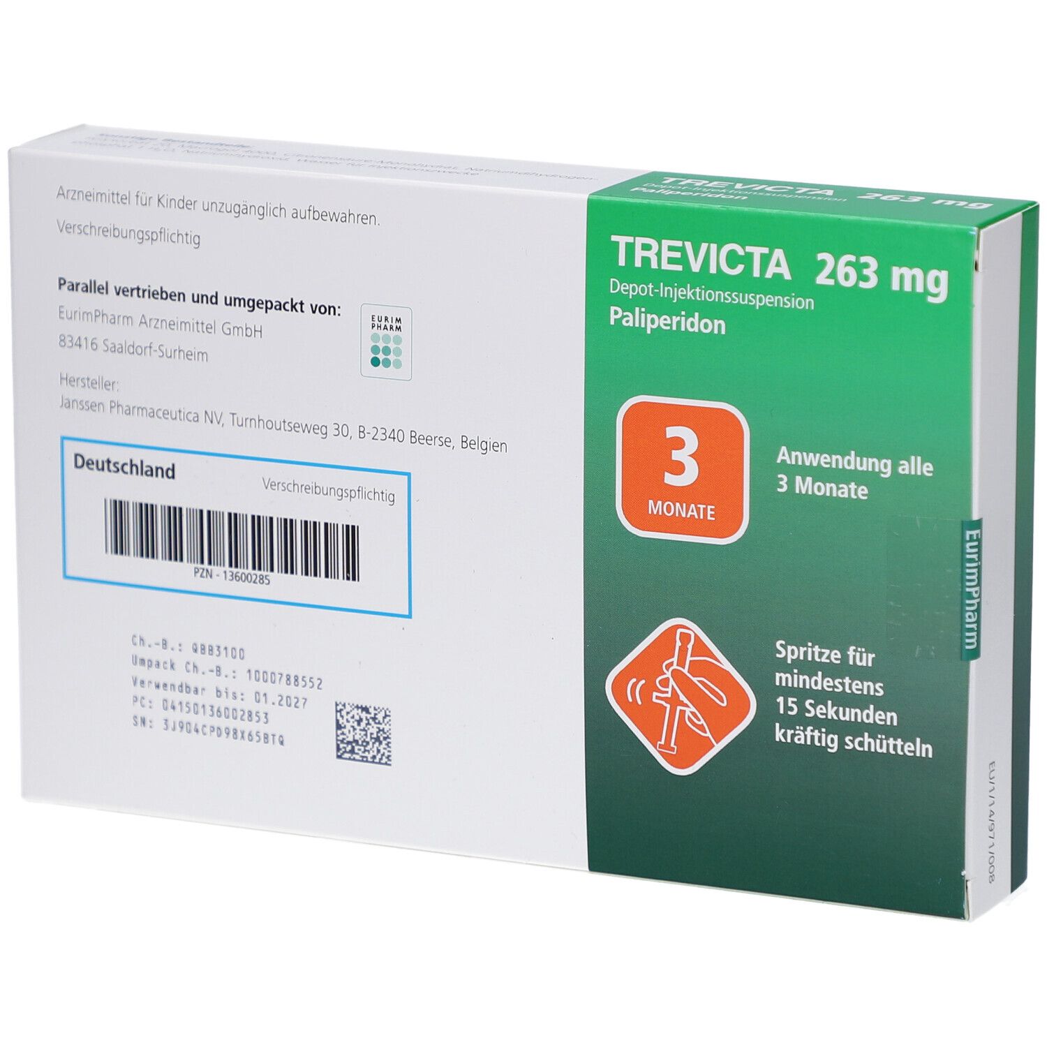 Rückseite der Verpackung von TREVICTA 263 mg. Enthält Informationen und Barcode. Grüne und weiße Schachtel.