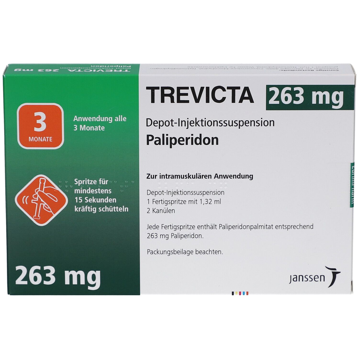 Verpackung von TREVICTA 263 mg. Aufschrift: Depot-Injektionssuspension, Palipderidon. Grüne und weiße Schachtel mit Produktinformationen.