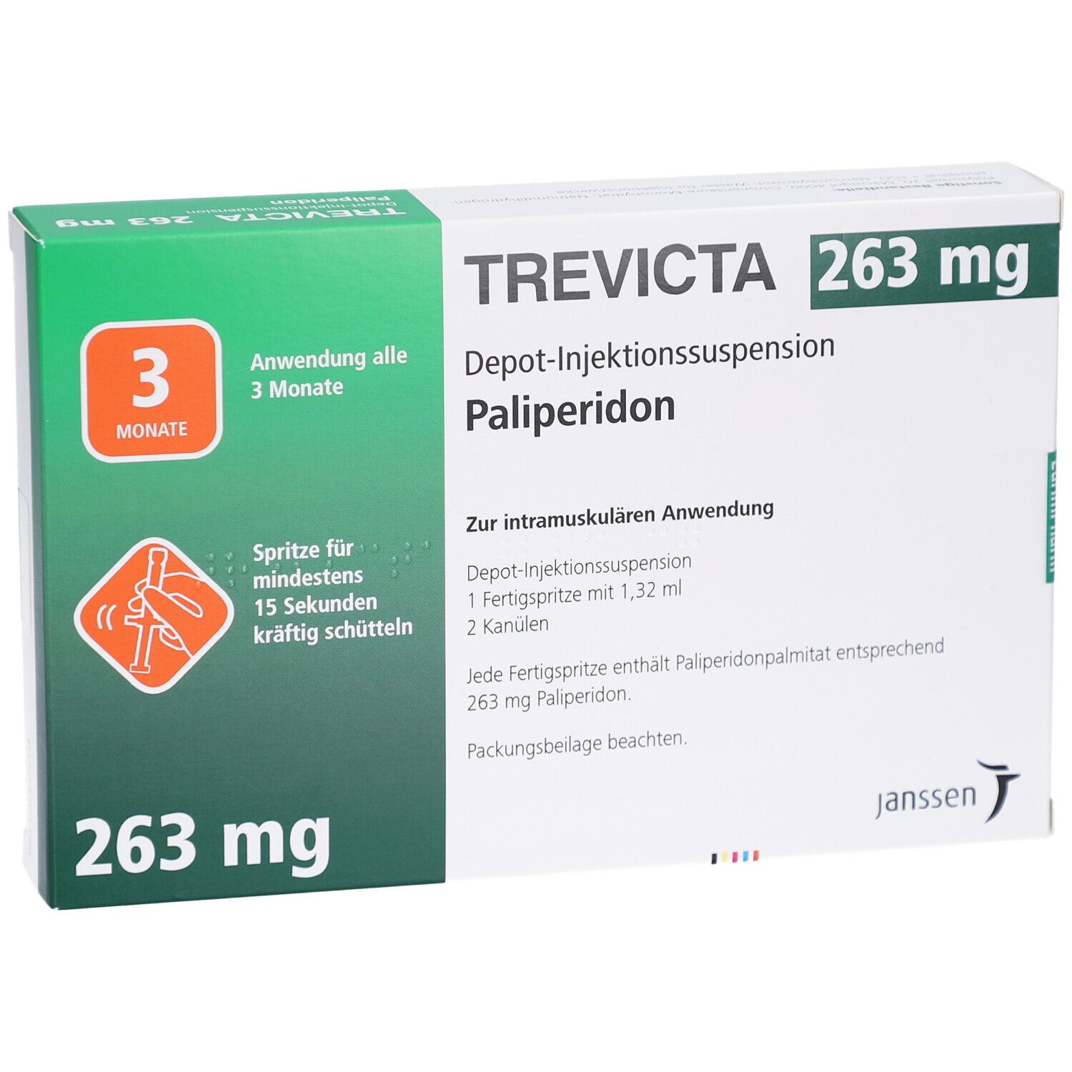 Verpackung von TREVICTA 263 mg. Aufschrift: Depot-Injektionssuspension, Palipderidon. Grüne und weiße Schachtel mit Produktinformationen.