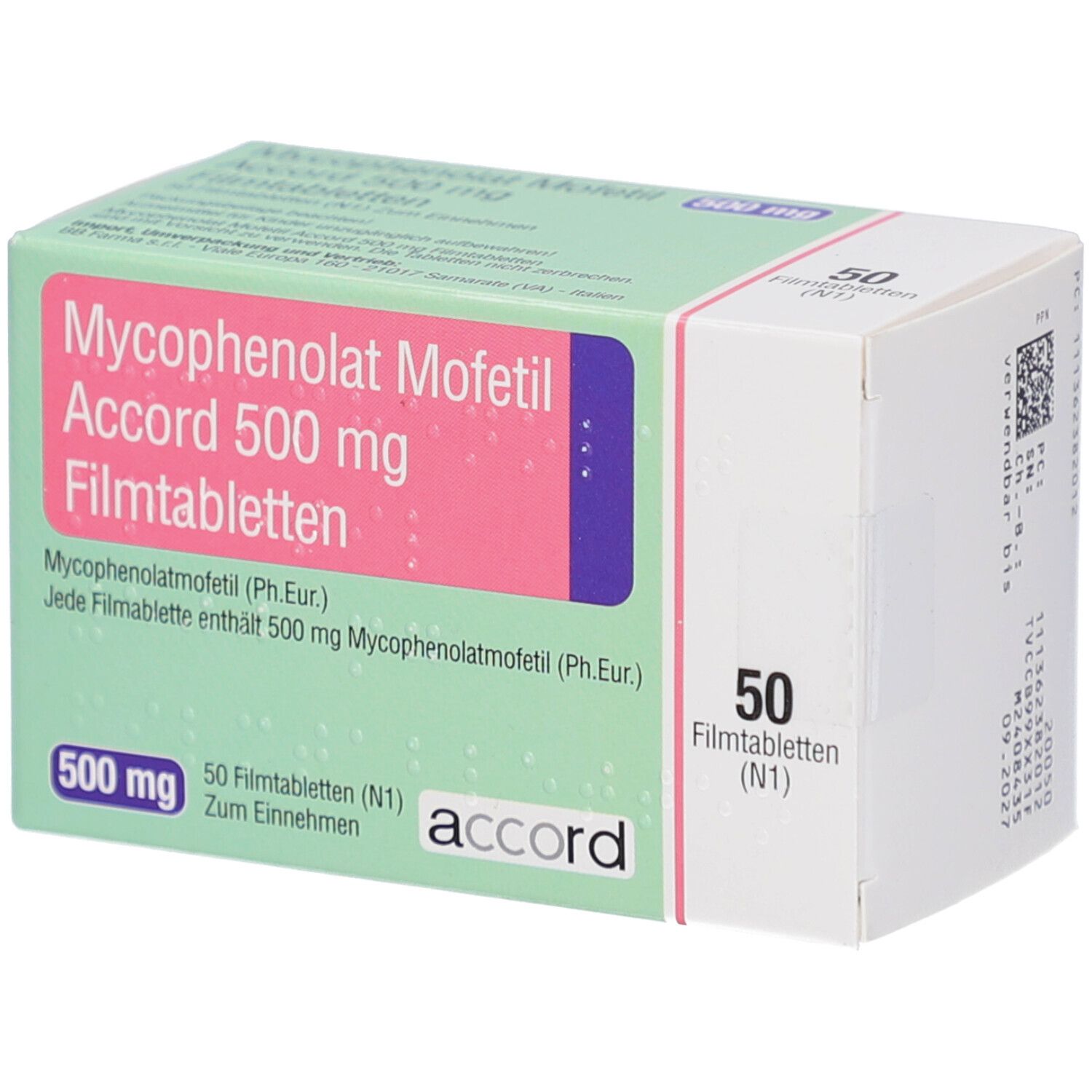 Schachtel mit Mycophenolat Mofetil Accord 500 mg Filmtabletten. 50 Tabletten. Marke Accord. Rosa und grüne Farbgebung.