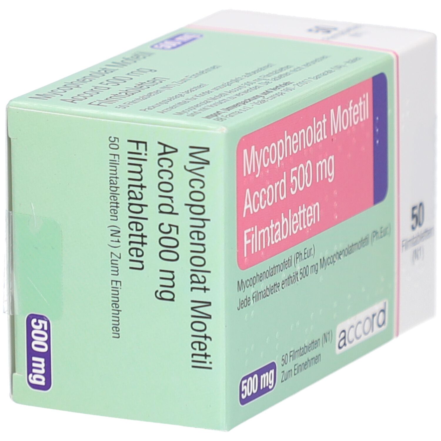 Schachtel mit Mycophenolat Mofetil Accord 500 mg Filmtabletten. 50 Tabletten. Marke Accord. Ansicht von oben.