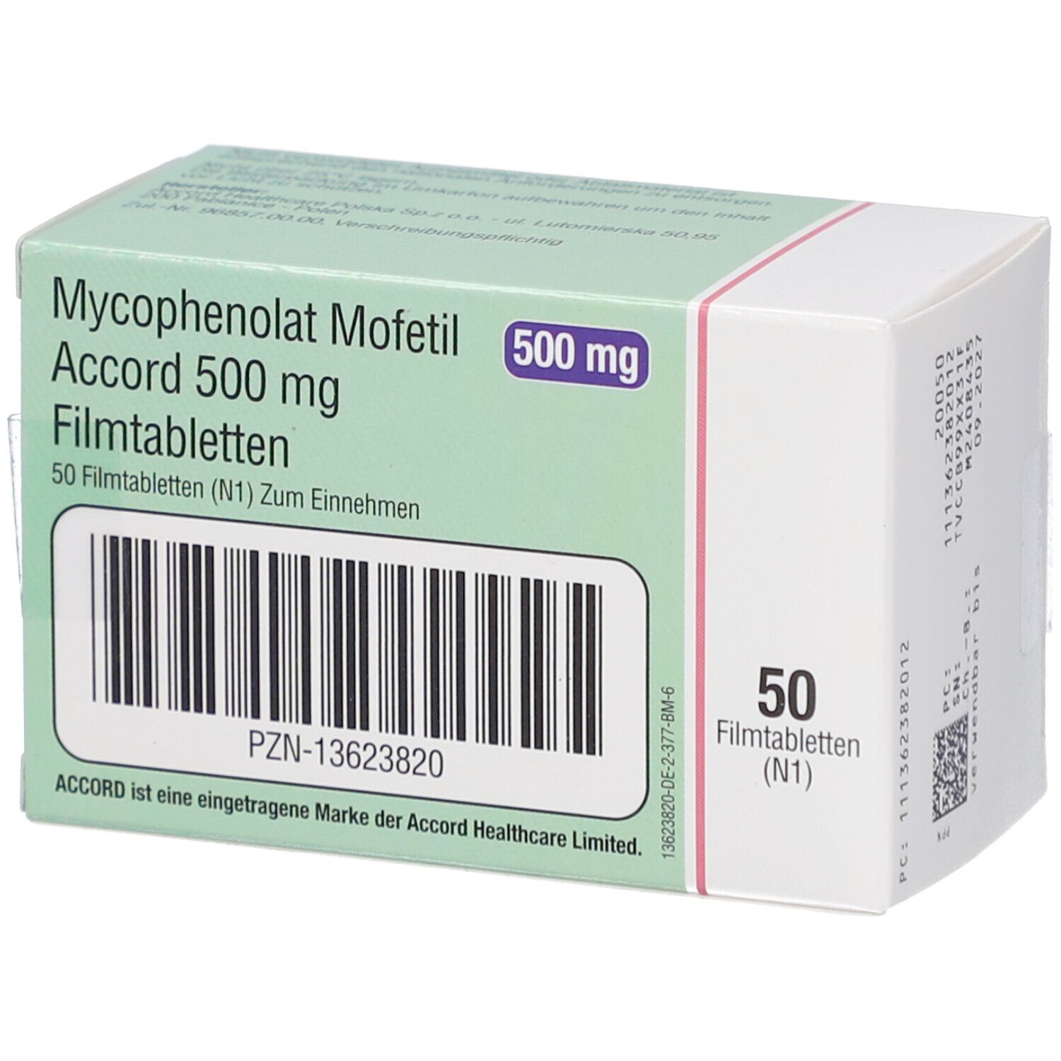 Schachtel mit Mycophenolat Mofetil Accord 500 mg Filmtabletten. 50 Tabletten. Barcode und PZN-Nummer.