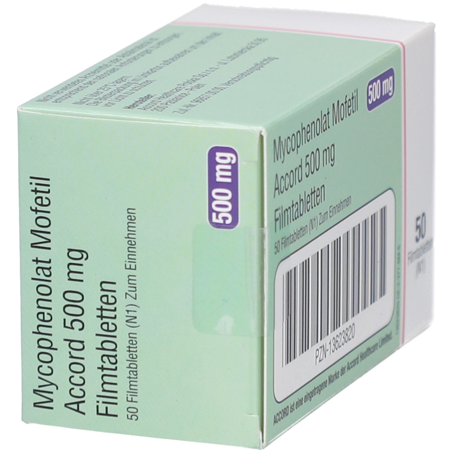 Schachtel mit Mycophenolat Mofetil Accord 500 mg Filmtabletten. 50 Tabletten. Ansicht von der Seite.