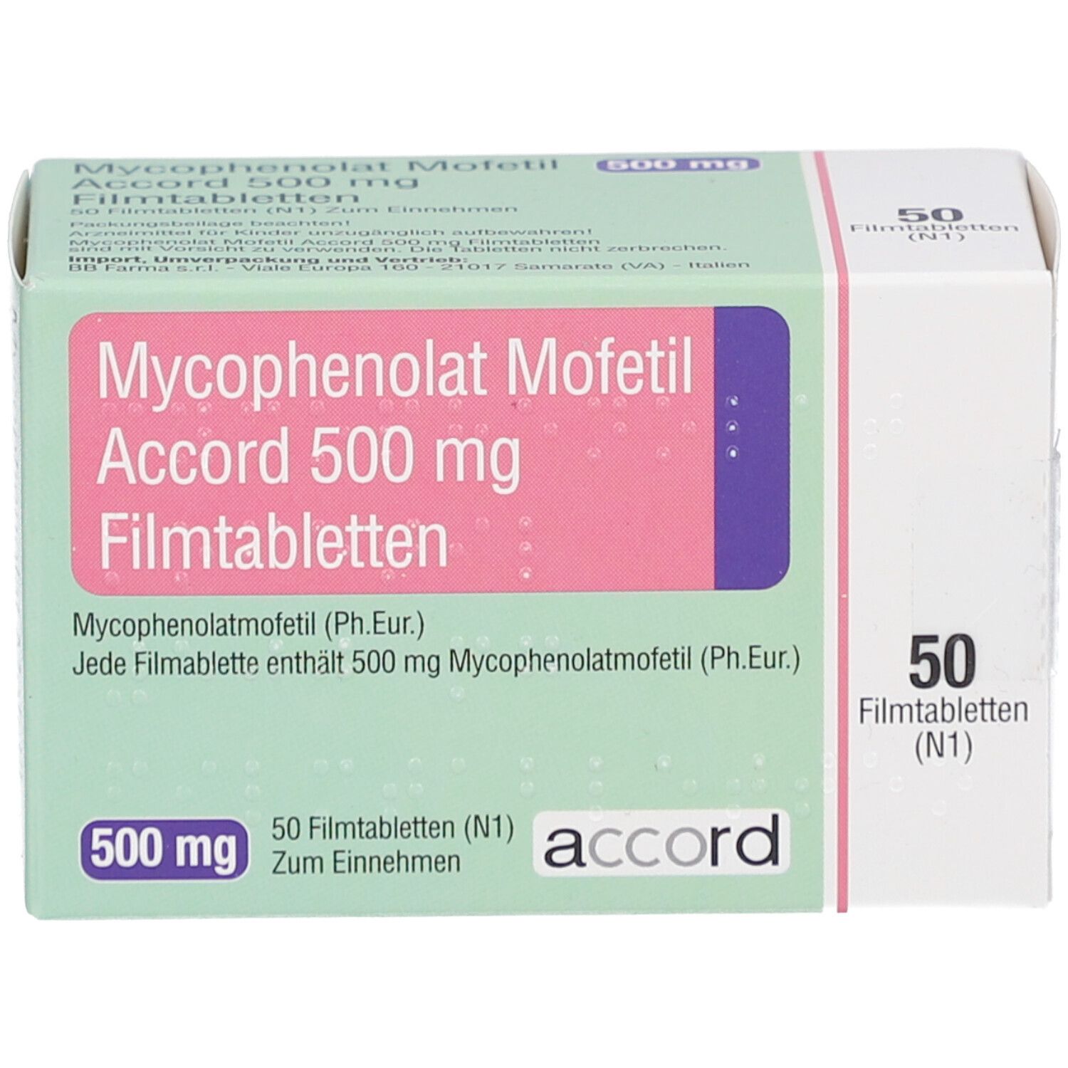 Schachtel mit Mycophenolat Mofetil Accord 500 mg Filmtabletten. 50 Tabletten. Marke Accord. Rosa und grüne Farbgebung.