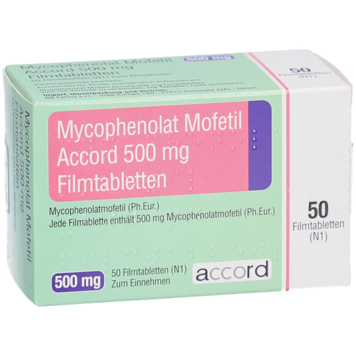 Schachtel mit Mycophenolat Mofetil Accord 500 mg Filmtabletten. 50 Tabletten. Marke Accord. Ansicht von oben.