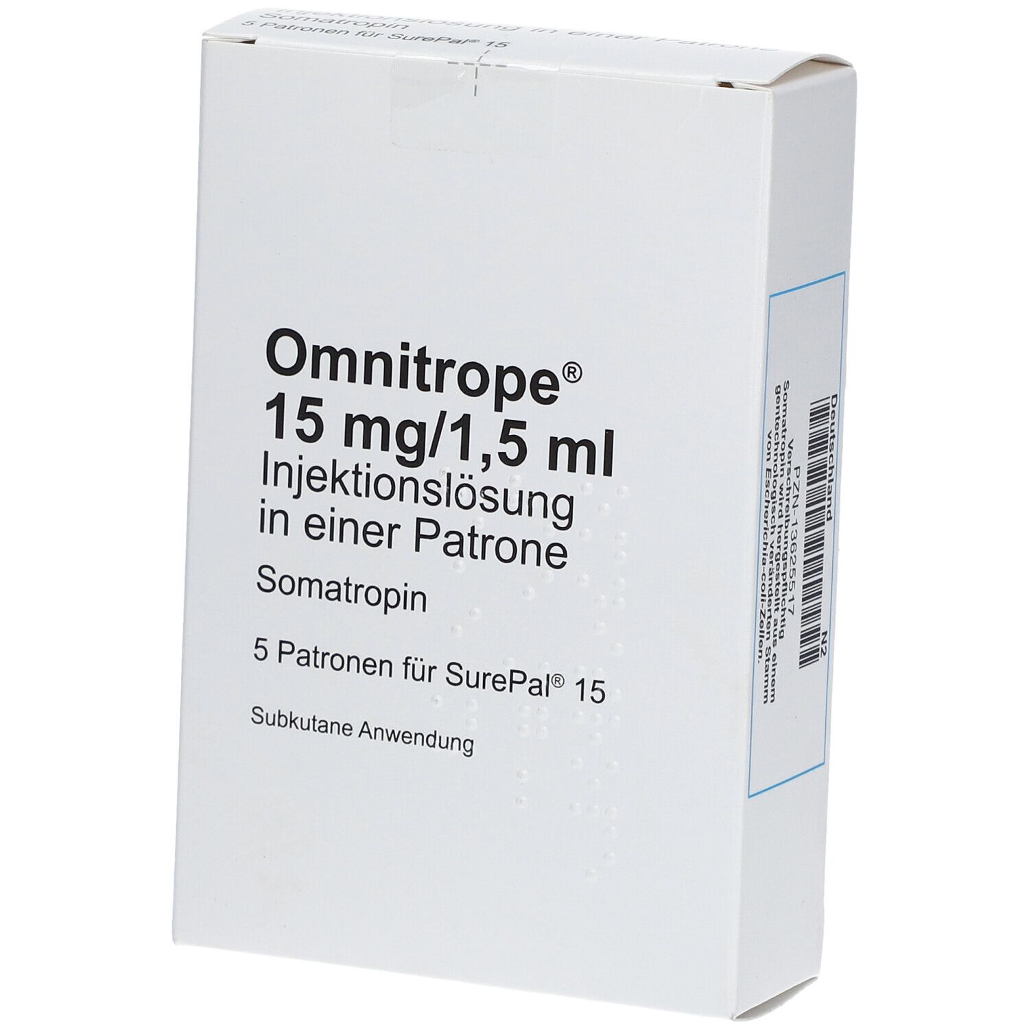 Weißer Karton mit Aufschrift Omnitrope 15 mg/1,5 ml. Enthält 5 Patronen. Subkutane Anwendung.
