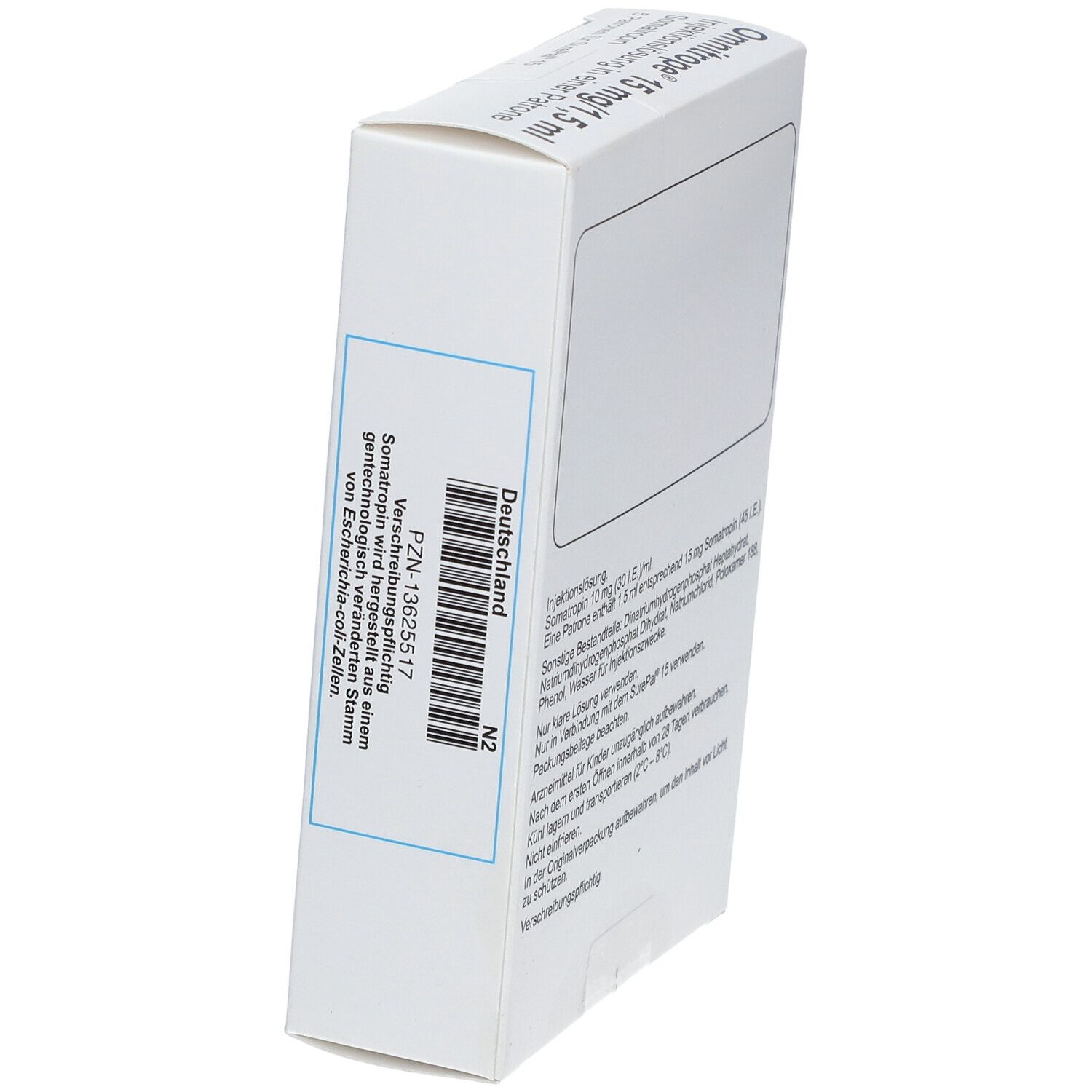 Weißer Karton, Seitenansicht. Text: Omnitrope 15 mg/1,5 ml. PZN-13625517. Deutschland. Enthält Somatropin.