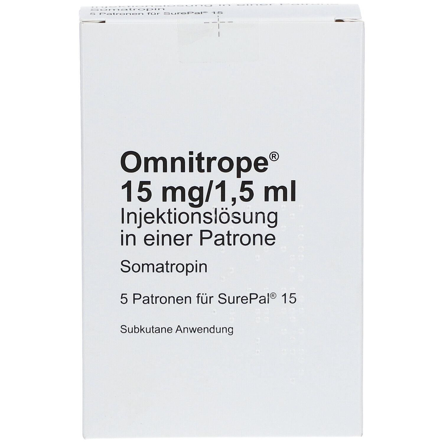Weißer Karton mit Omnitrope-Aufdruck. 15 mg/1,5 ml Injektionslösung in einer Patrone. 5 Patronen für SurePal 15.