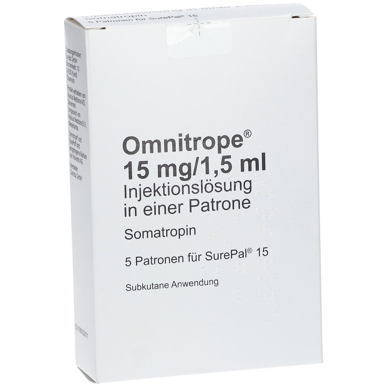Weißer Karton mit Omnitrope-Aufdruck. 15 mg/1,5 ml Injektionslösung in einer Patrone. 5 Patronen für SurePal 15.
