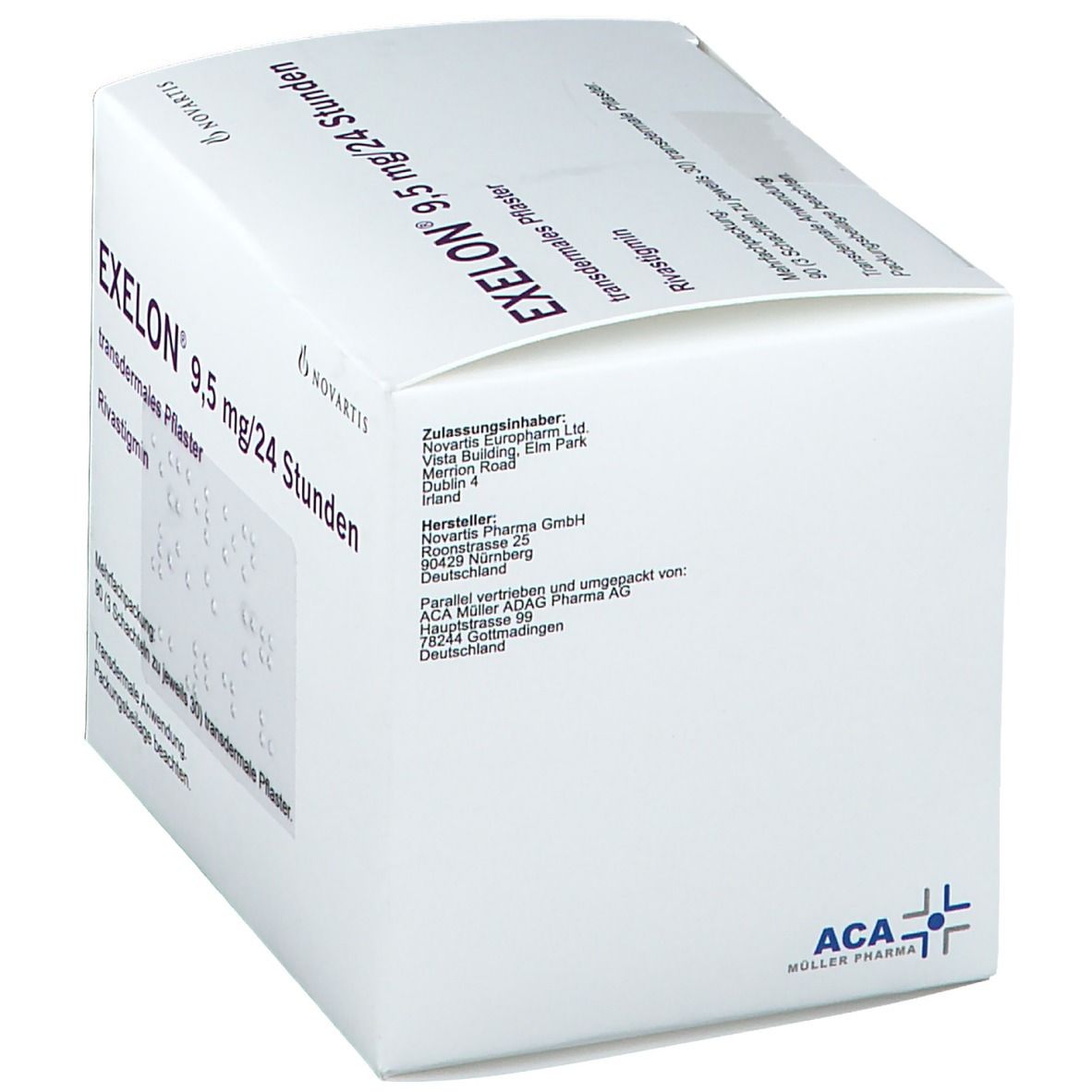 Weiße Kartonverpackung mit EXELON 9,5 mg/24 Stunden. Enthält transdermale Pflaster. ACA Müller Pharma-Logo.