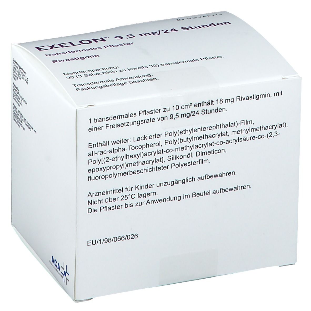 Weiße Kartonverpackung mit EXELON 9,5 mg/24 Stunden. Enthält transdermale Pflaster. Inhaltsangaben und Warnhinweise.