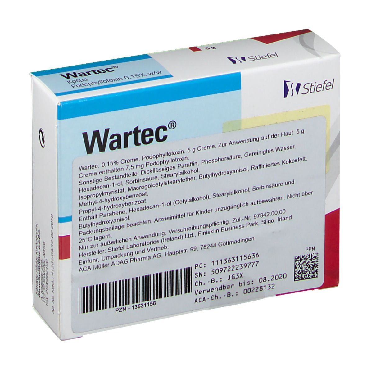 Wartec Creme 0,15% in Faltschachtel. Weiße Schachtel mit blauer und roter Beschriftung. Stiefel Logo.