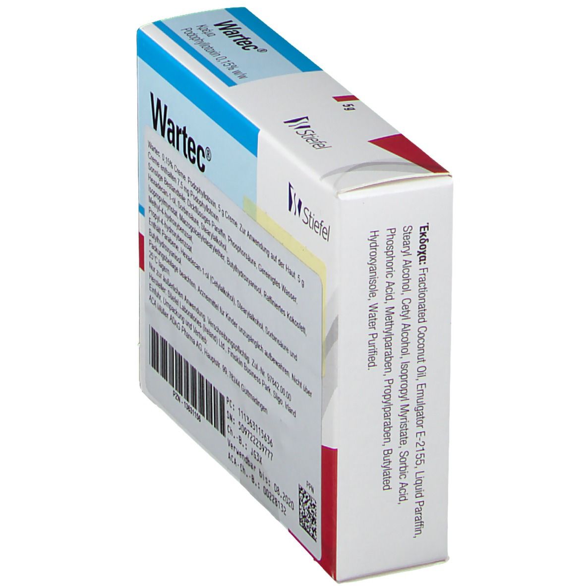 Wartec Creme 0,15% Faltschachtel, Seitenansicht. Weiße Schachtel mit blauer und roter Beschriftung. Stiefel Logo.