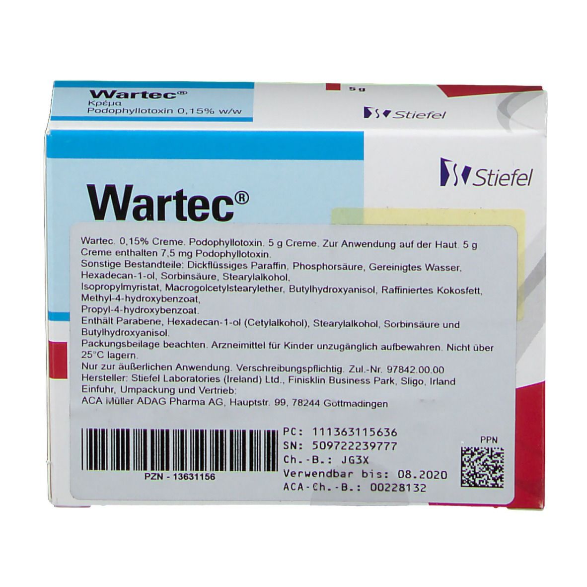 Wartec Creme 0,15% in Faltschachtel. Weiße Schachtel mit blauer und roter Beschriftung. Stiefel Logo.