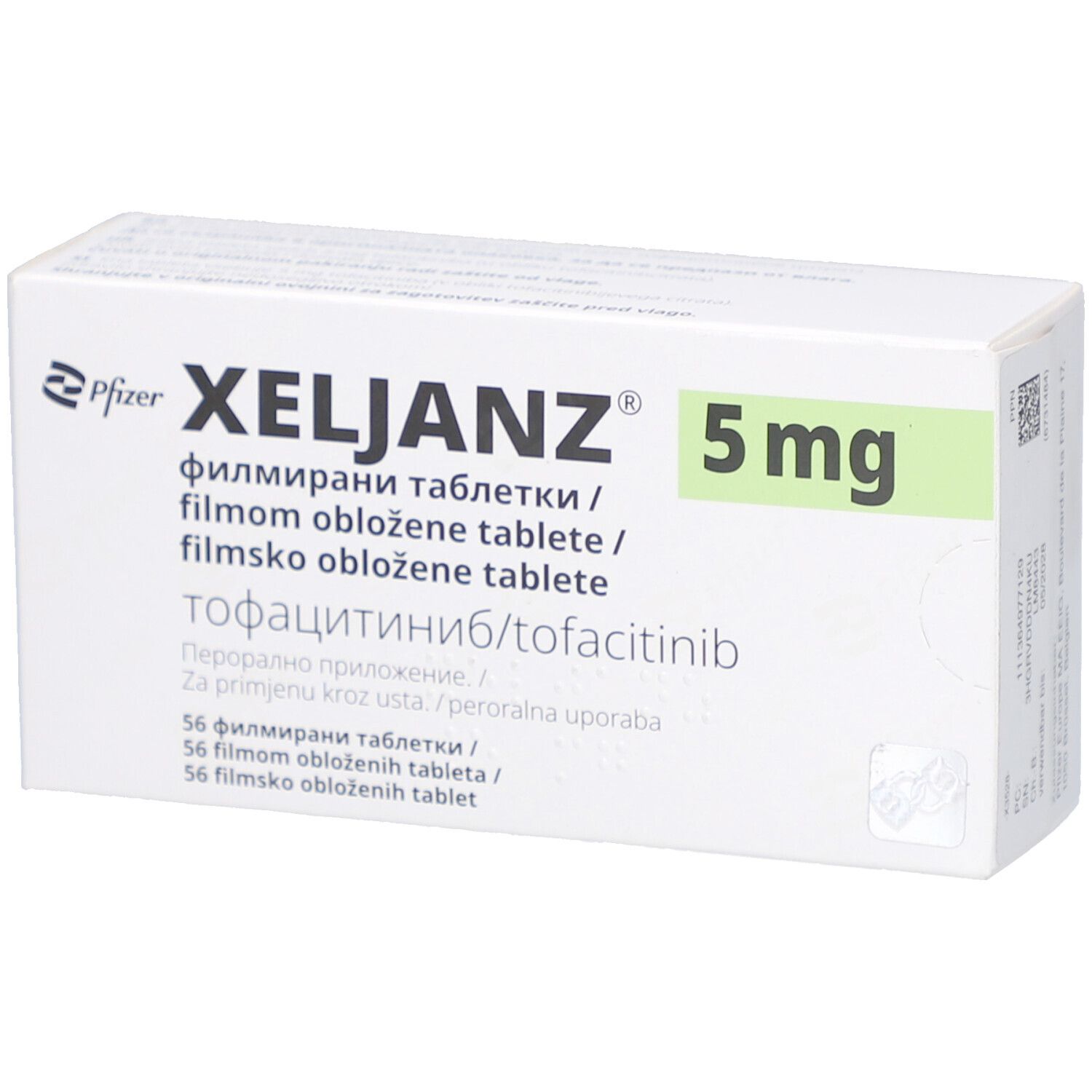 Weiße Schachtel mit XELJANZ 5 mg Aufschrift. Pfizer-Logo. Mehrsprachiger Text. 56 Filmtabletten.