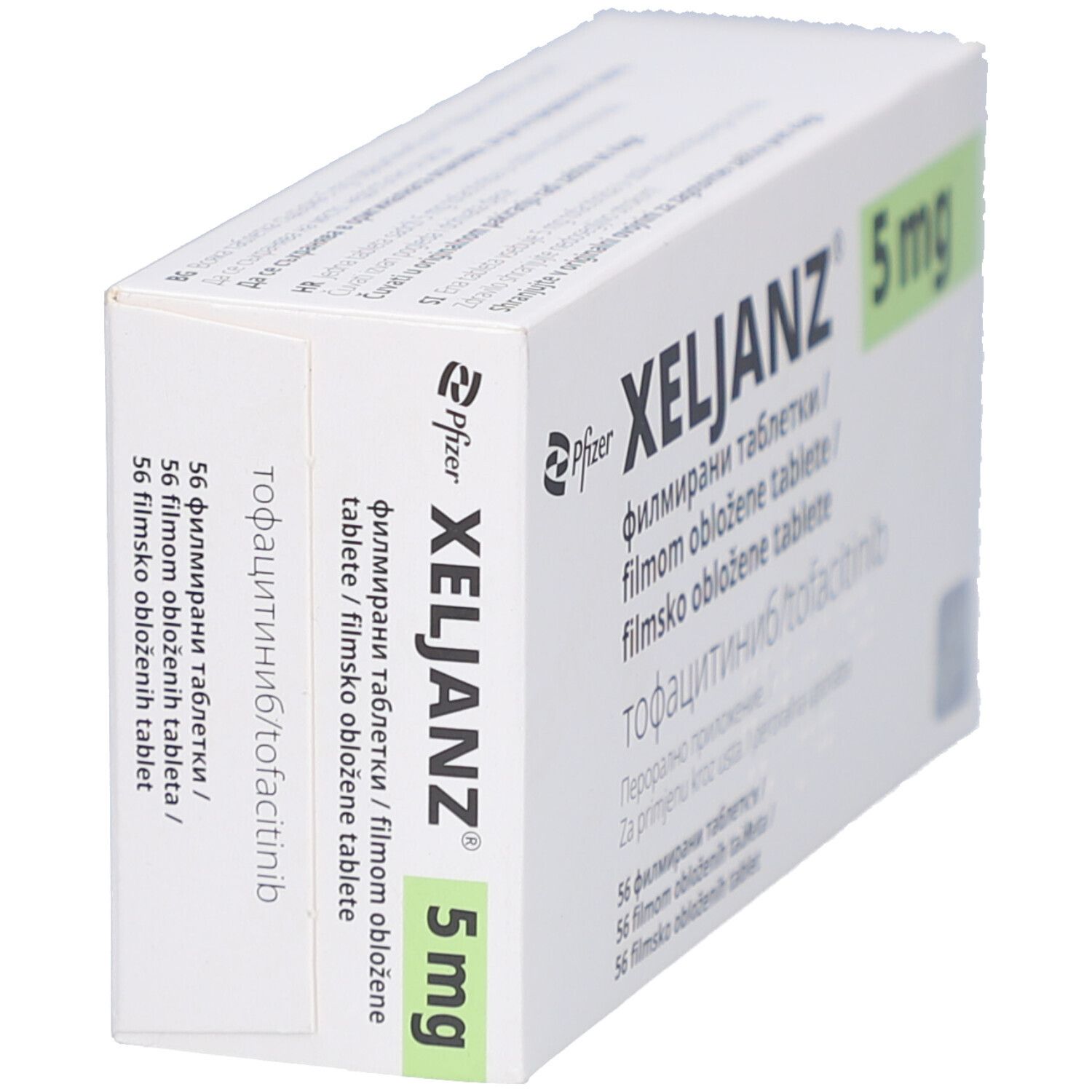 Schachtel XELJANZ 5 mg, schräg. Pfizer-Logo. Mehrsprachiger Text. 56 Filmtabletten.