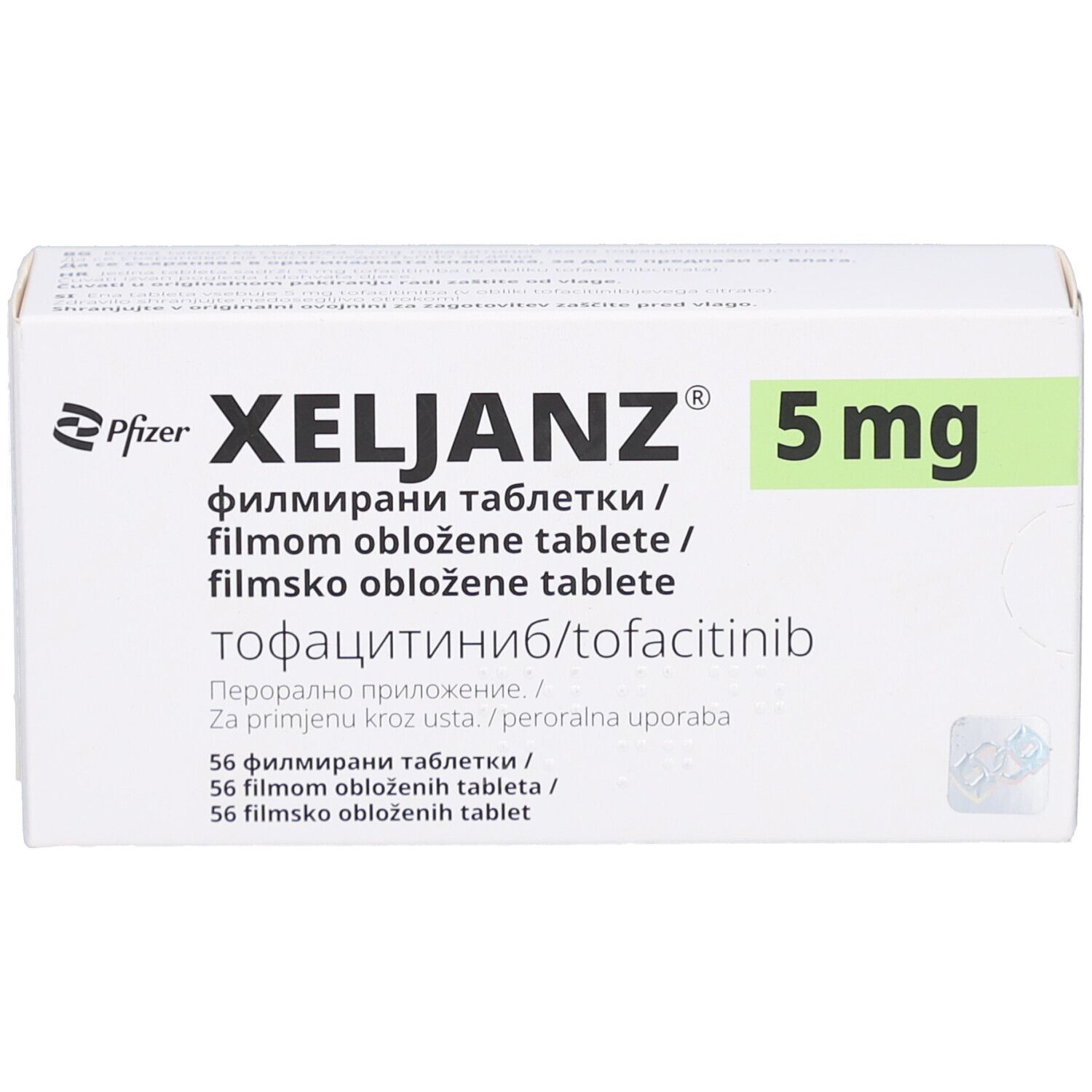 Weiße Schachtel XELJANZ 5 mg. Pfizer-Logo. Mehrsprachiger Text. 56 Filmtabletten.