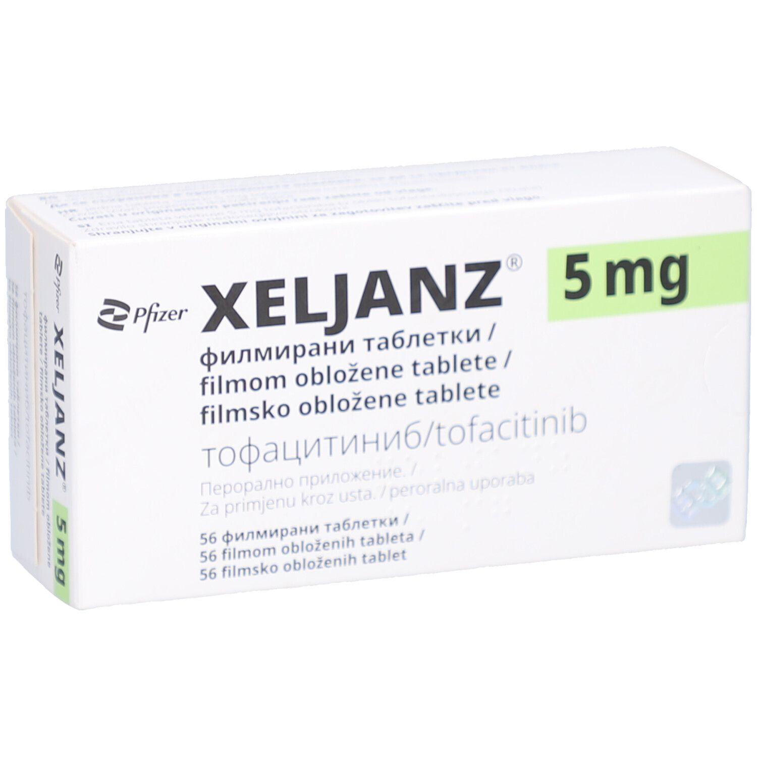Weiße Schachtel XELJANZ 5 mg. Pfizer-Logo. Mehrsprachiger Text. 56 Filmtabletten.