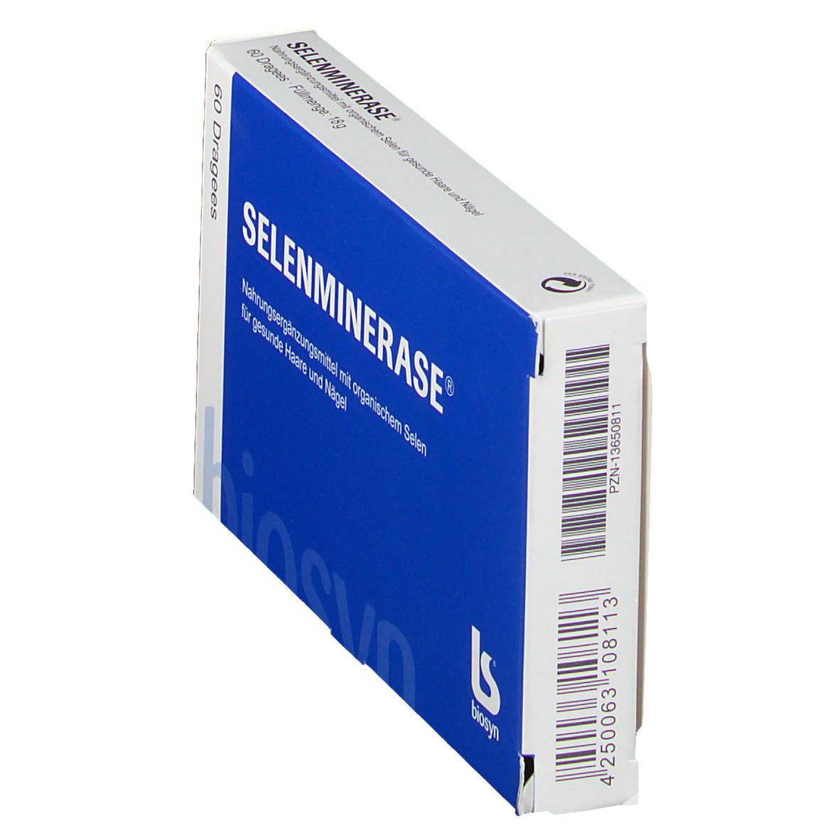 Schachtel "SELENMINERASE®" in Schrägansicht. Blaue Vorderseite mit weißer Schrift. Biosyn-Logo.