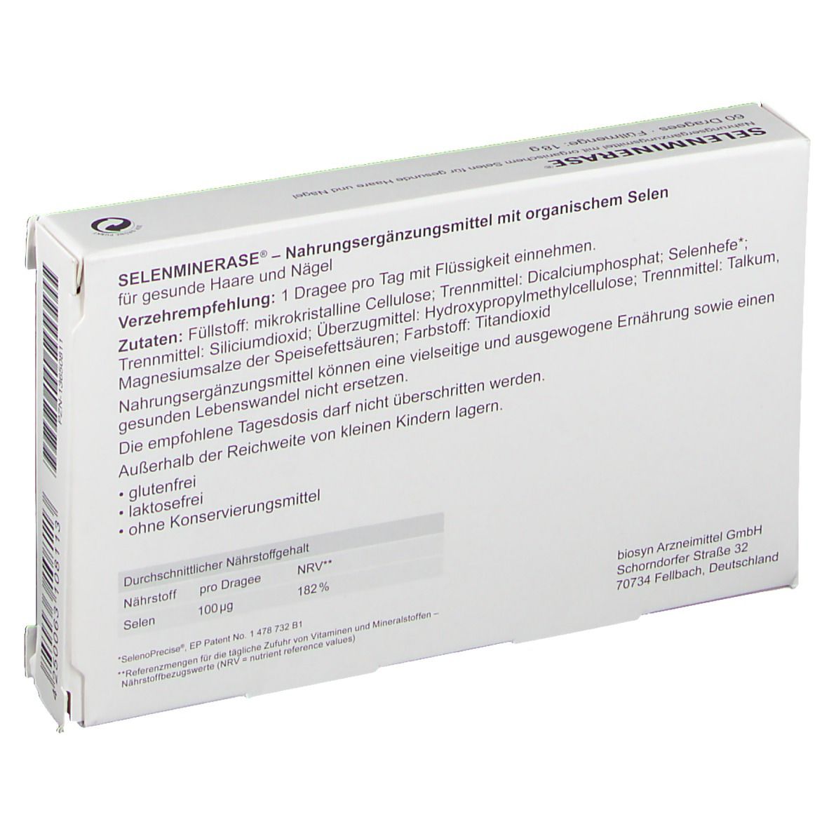Rückseite der "SELENMINERASE®"-Schachtel. Enthält Informationen zu Inhaltsstoffen und Nährwerten.