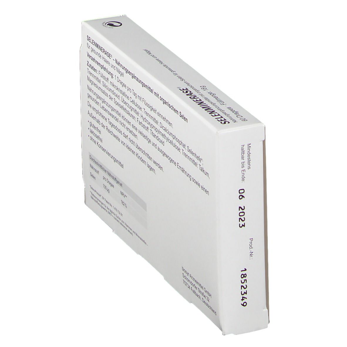 Schachtel "SELENMINERASE®" in Schrägansicht. Enthält Informationen wie Mindesthaltbarkeitsdatum.