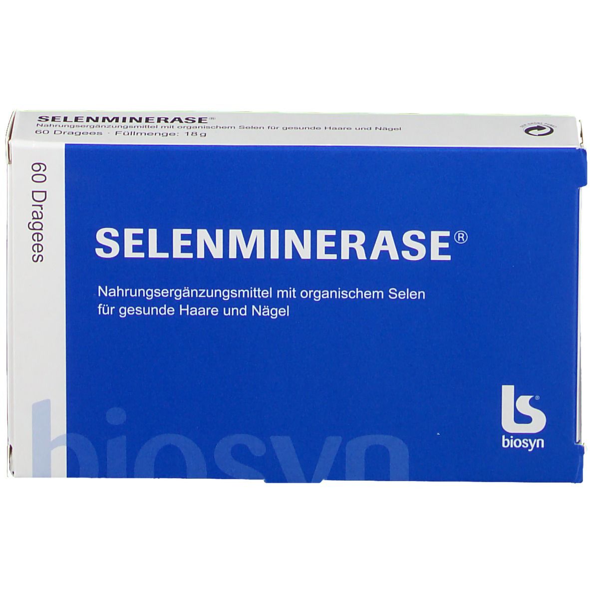 Blaue "SELENMINERASE®"-Schachtel mit weißer Schrift. Enthält 60 Dragees. Biosyn-Logo.