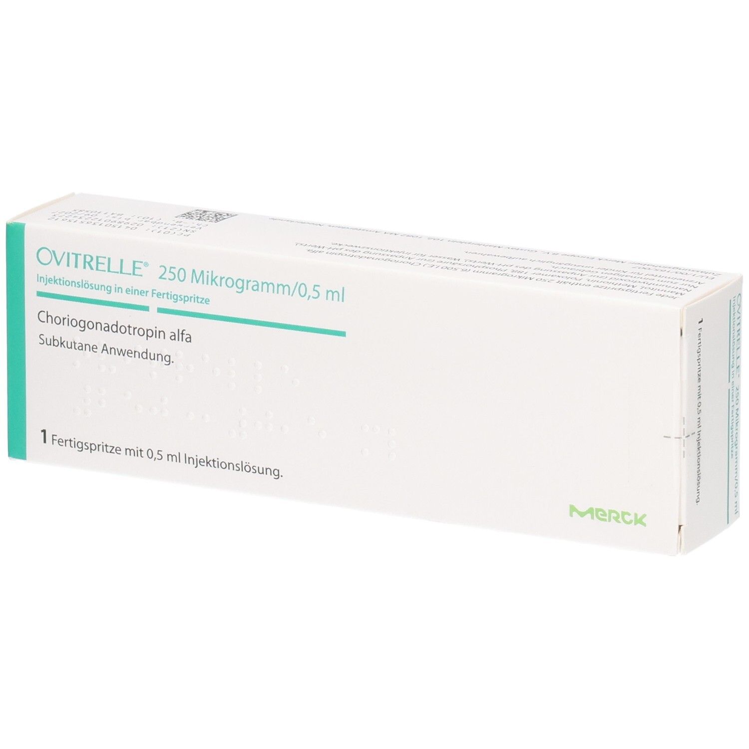 OVITRELLE 250 Mikrogramm/0,5 ml Injektionslösung in einer Fertigspritze. Choriogonadotropin alfa. Subkutane Anwendung. 1 Fertigspritze mit 0,5 ml Injektionslösung. Merck.