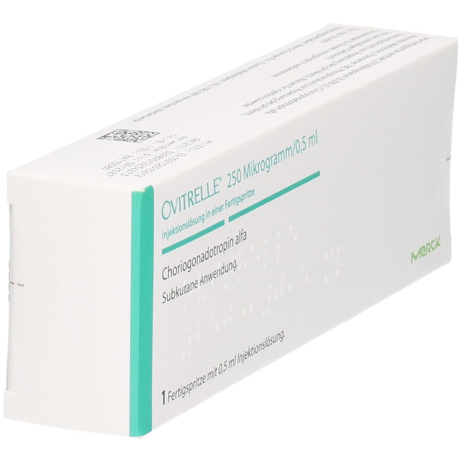 OVITRELLE 250 Mikrogramm/0,5 ml Injektionslösung in einer Fertigspritze. Choriogonadotropin alfa. Subkutane Anwendung. 1 Fertigspritze mit 0,5 ml Injektionslösung. Merck.