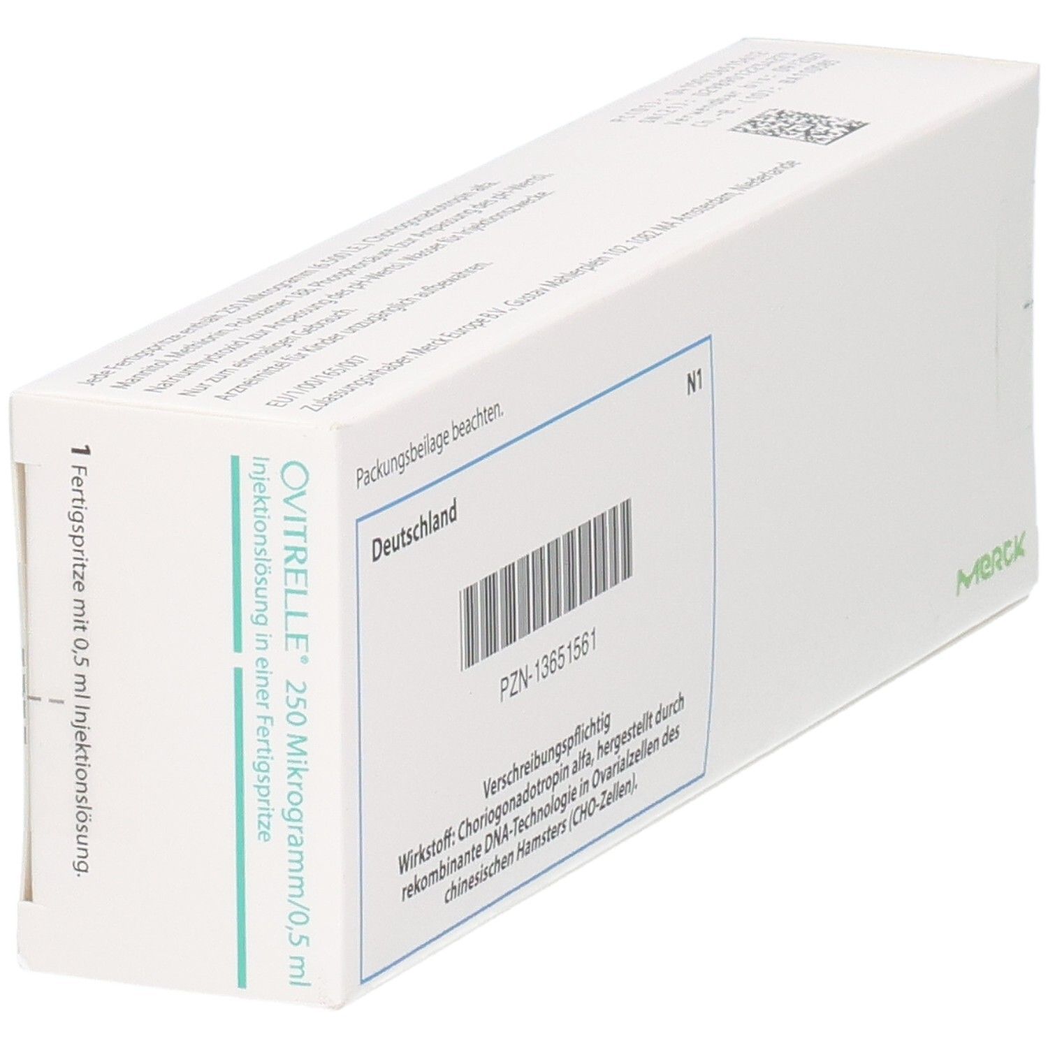 OVITRELLE 250 Mikrogramm/0,5 ml. PZN-13651561. Wirkstoff: Choriogonadotropin alfa. Hergestellt durch rekombinante DNA-Technologie. Merck.
