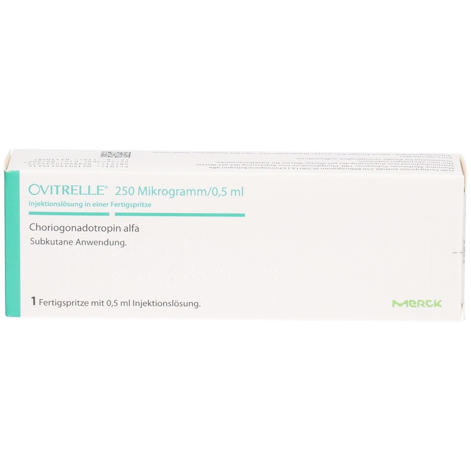 OVITRELLE 250 Mikrogramm/0,5 ml Injektionslösung in einer Fertigspritze. Choriogonadotropin alfa. Subkutane Anwendung. 1 Fertigspritze mit 0,5 ml Injektionslösung. Merck.
