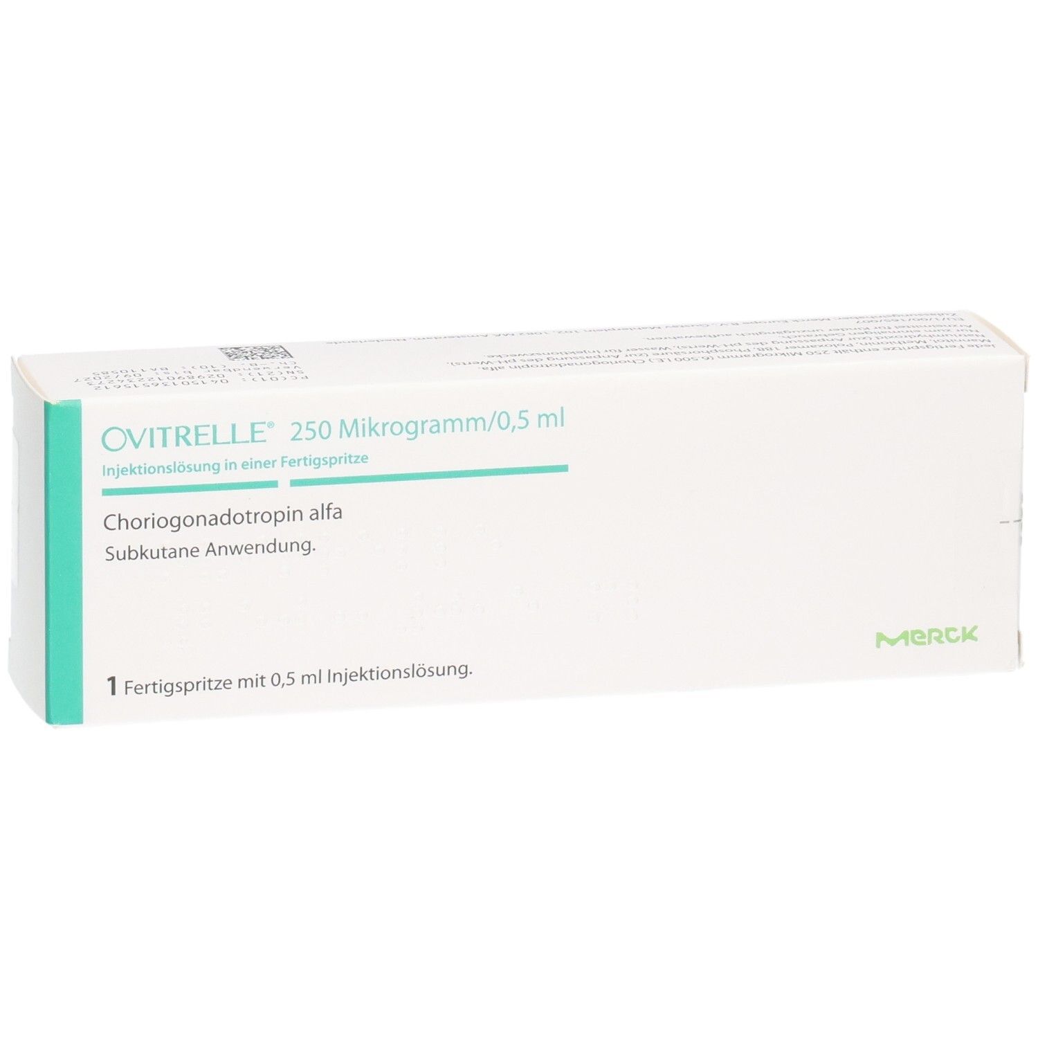 OVITRELLE 250 Mikrogramm/0,5 ml Injektionslösung in einer Fertigspritze. Choriogonadotropin alfa. Subkutane Anwendung. 1 Fertigspritze mit 0,5 ml Injektionslösung. Merck.
