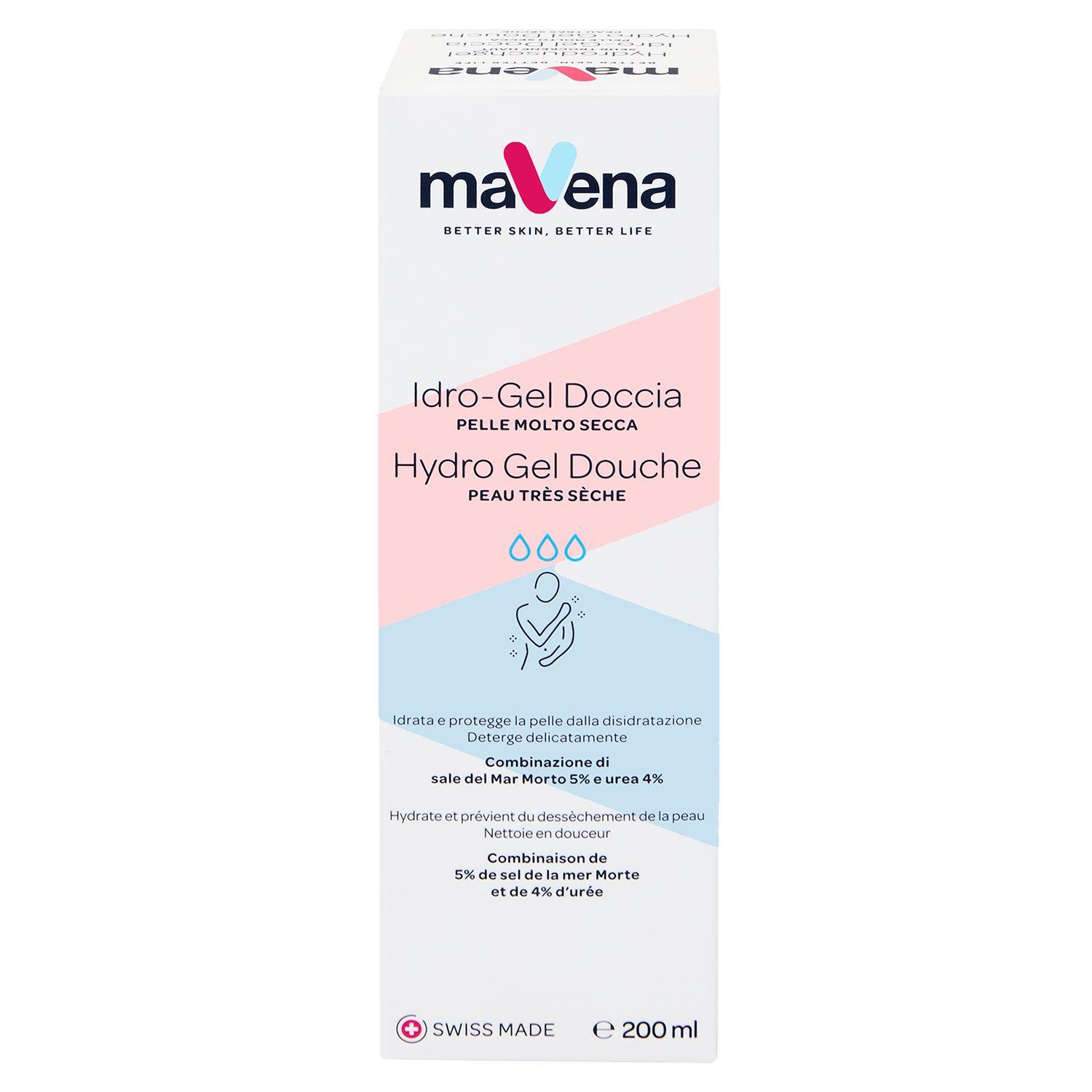 Verpackung von maVena Hydroduschgel. Rosa und hellblaue Elemente. Swiss Made. 200 ml.