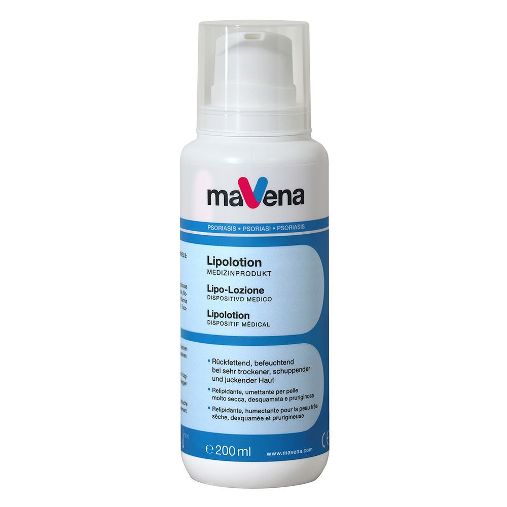 Weiße Flasche mit Pumpverschluss. Beschriftung: maVena, Lipolotion. Blaue und weiße Schrift. 200 ml.
