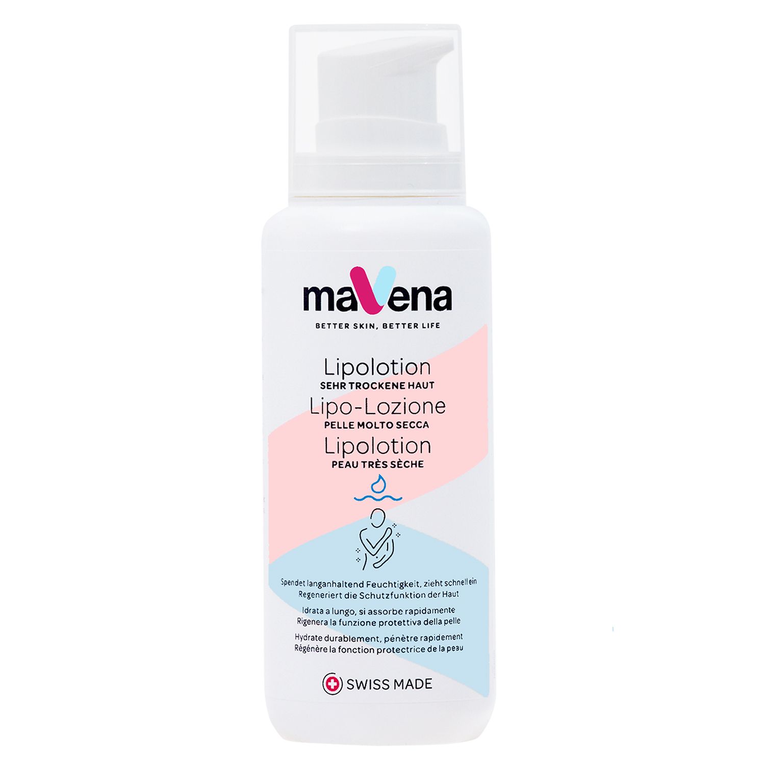 Weiße Flasche mit Pumpverschluss. Beschriftung: maVena, Lipolotion. Rosa, blau und weiße Schrift. Swiss Made.