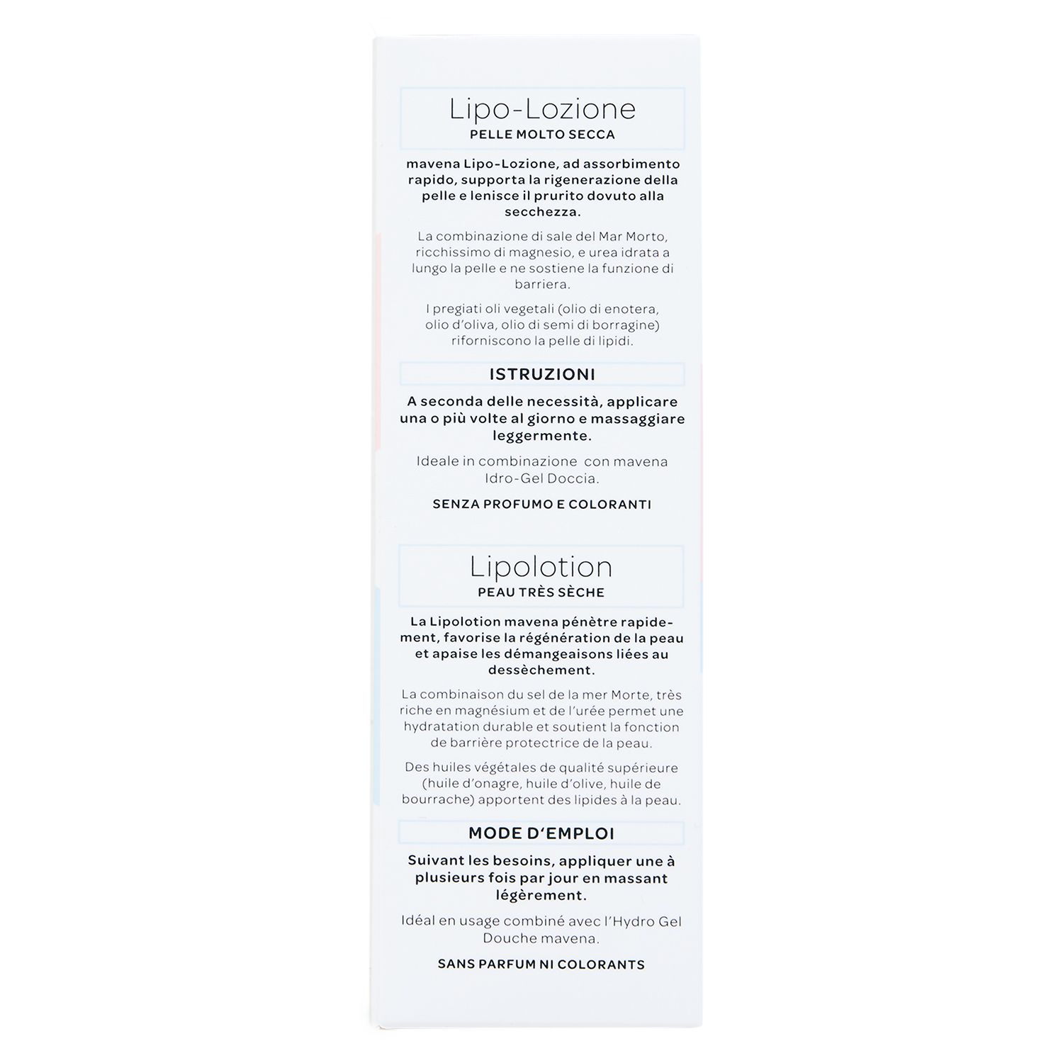 Weißer Produktkarton mit Text. Beschriftung: Lipo-Loziione, Lipolotion, ohne Parfüm und Farbstoffe. Text in Deutsch, Italienisch und Französisch.